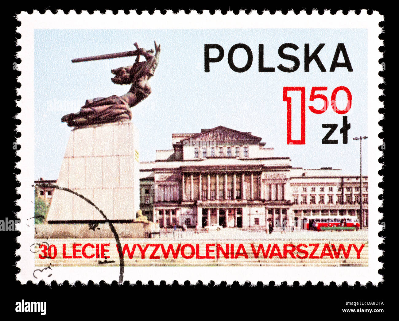 Postage stamp from Poland depicting the Nike monument and Opera house, for the 30'th anniversary of Warsaw liberation in WWII. Stock Photo