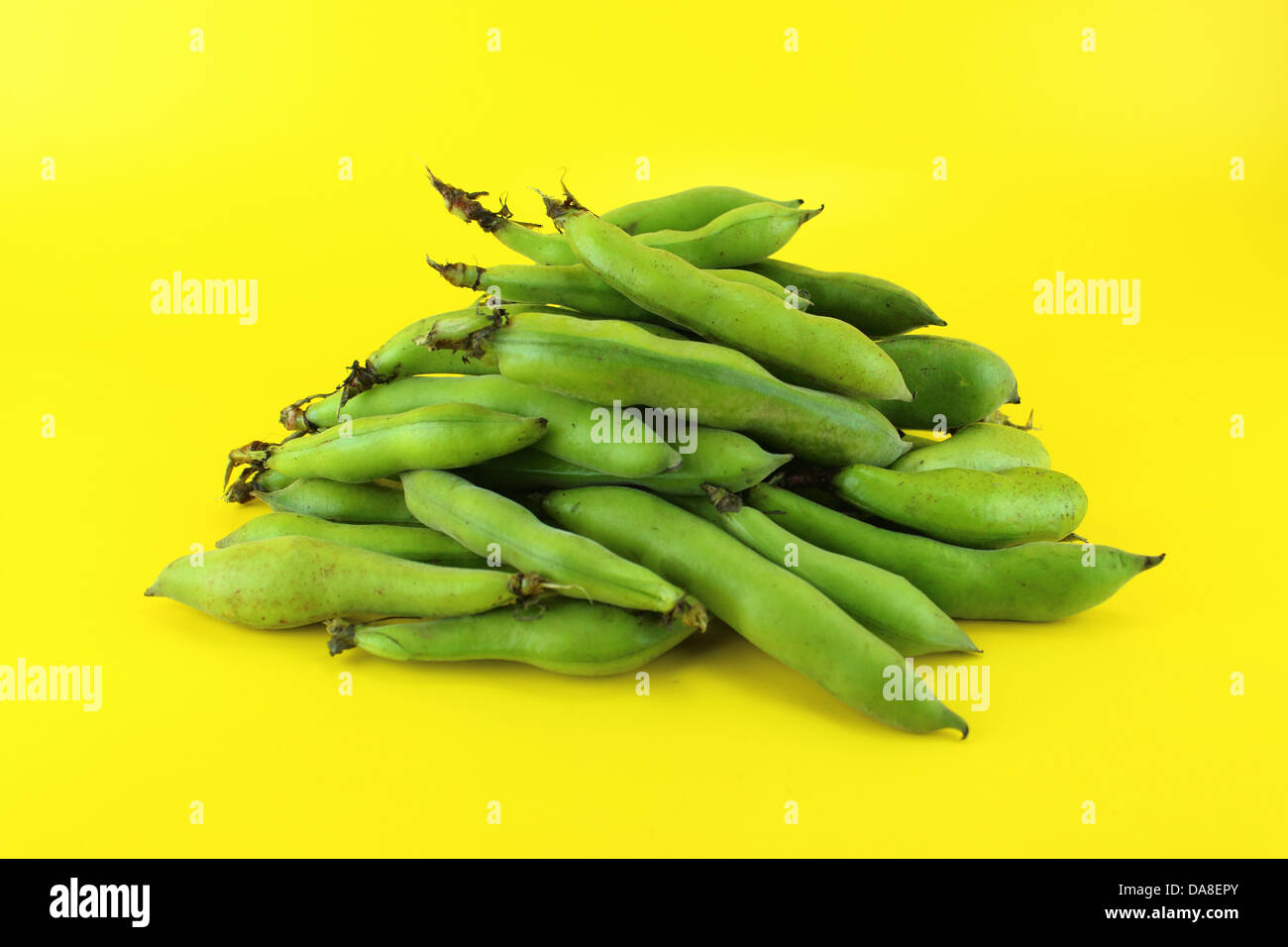broad bean pods and beans on yellow background Stock Photo Alamy