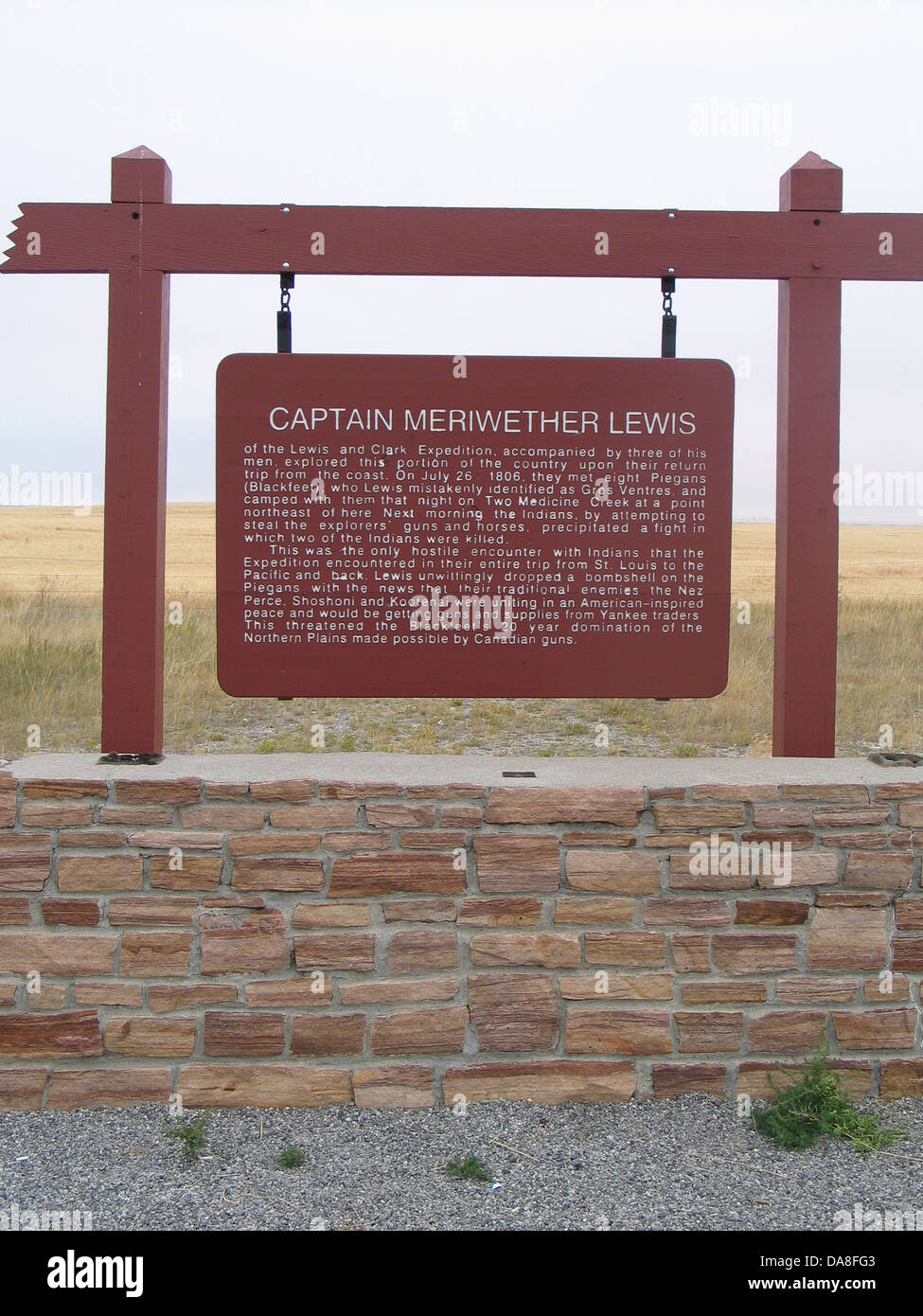 CAPTAIN MERIWETHER LEWIS of the Lewis and Clark Expedition, accompanied by three of his men, explored this portion of the country upon their return trip from the coast. On July 26, 1806, they met eight Piegans (Blackfeet), who Lewis mistakenly identified as Gros Ventres, and camped with them that night on Two Medicine Creek at a point northeast of here. Next morning the Indians, by attempting to steal the explorers' guns and horses, precipitated a fight in which two of the Indians were killed. Stock Photo