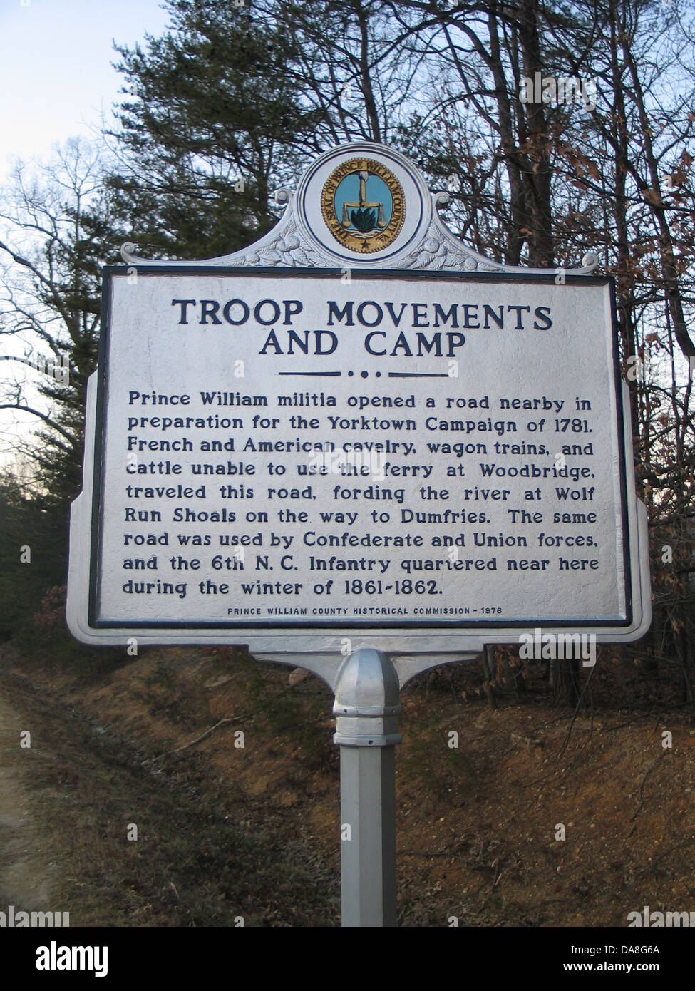 TROOP MOVEMENTS AND CAMP Prince William militia opened a road nearby in preparation for the Yorktown Campaign of 1781. French and American calvary [sic], wagon trains, and cattle unable to use the ferry at Woodbridge, traveled this road, fording the river at Wolf Run Shoals, on the way to Dumfries. The same road was used by Confederate and Union forces, and the 6th N.C. Infantry quartered near here during the winter of 1861-1862. Prince William County Historical Commission, 1976 Stock Photo