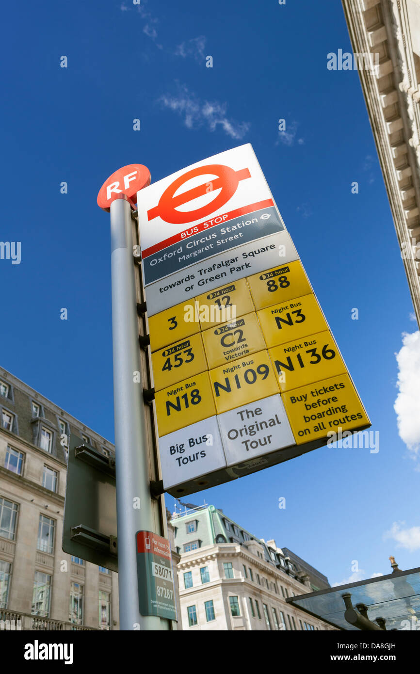 Bus stop sign in central London, UK Stock Photo