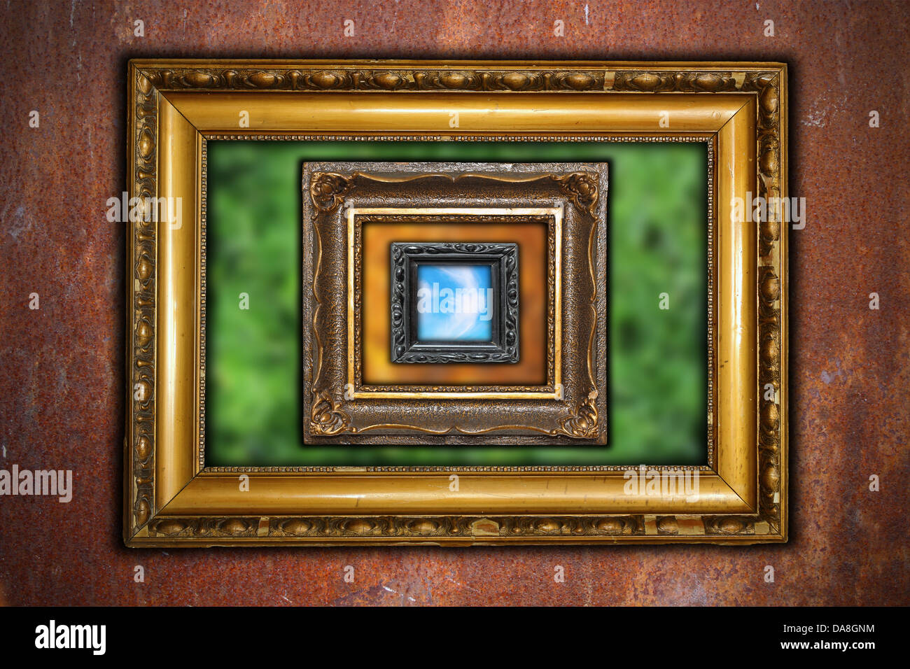ancient carved wooden frames on industrial rusty wall backdrop - different out of focus backgrounds - summmer, fall and sky Stock Photo
