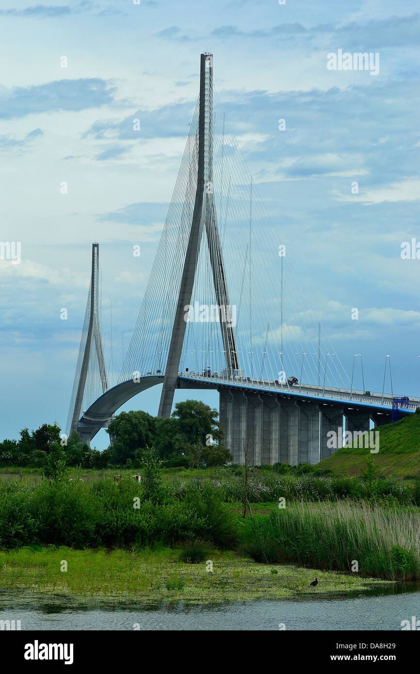 'Pont de Normandie' (Bridge of Normandy) : a cable-stayed road bridge over the river Seine, linking Le Havre to Honfleur. Stock Photo