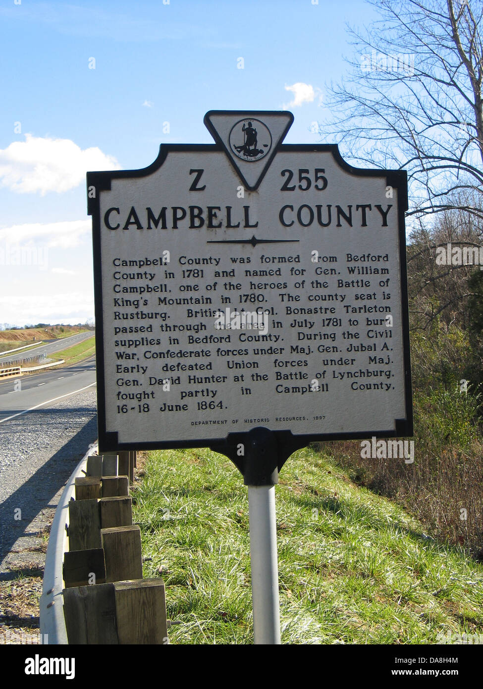 CAMPBELL COUNTY Campbell County was created from Bedford County by the Virginia General Assembly in 1781 and named for Gen. William Campbell, one of the heroes of the Battle of King's Mountain in 1780. The county seat is Rustburg. British Lt. Col. Banastre Tarleton's troops passed through the area in July 1781 to burn supplies in Bedford County. During the Civil War, Confederate forces under Maj. Gen. Jubal A. Early defeated Union forces under Maj. Gen. David Hunter at the Battle of Lynchburg, fought partly in Campbell County, 16-18 June 1864. Stock Photo