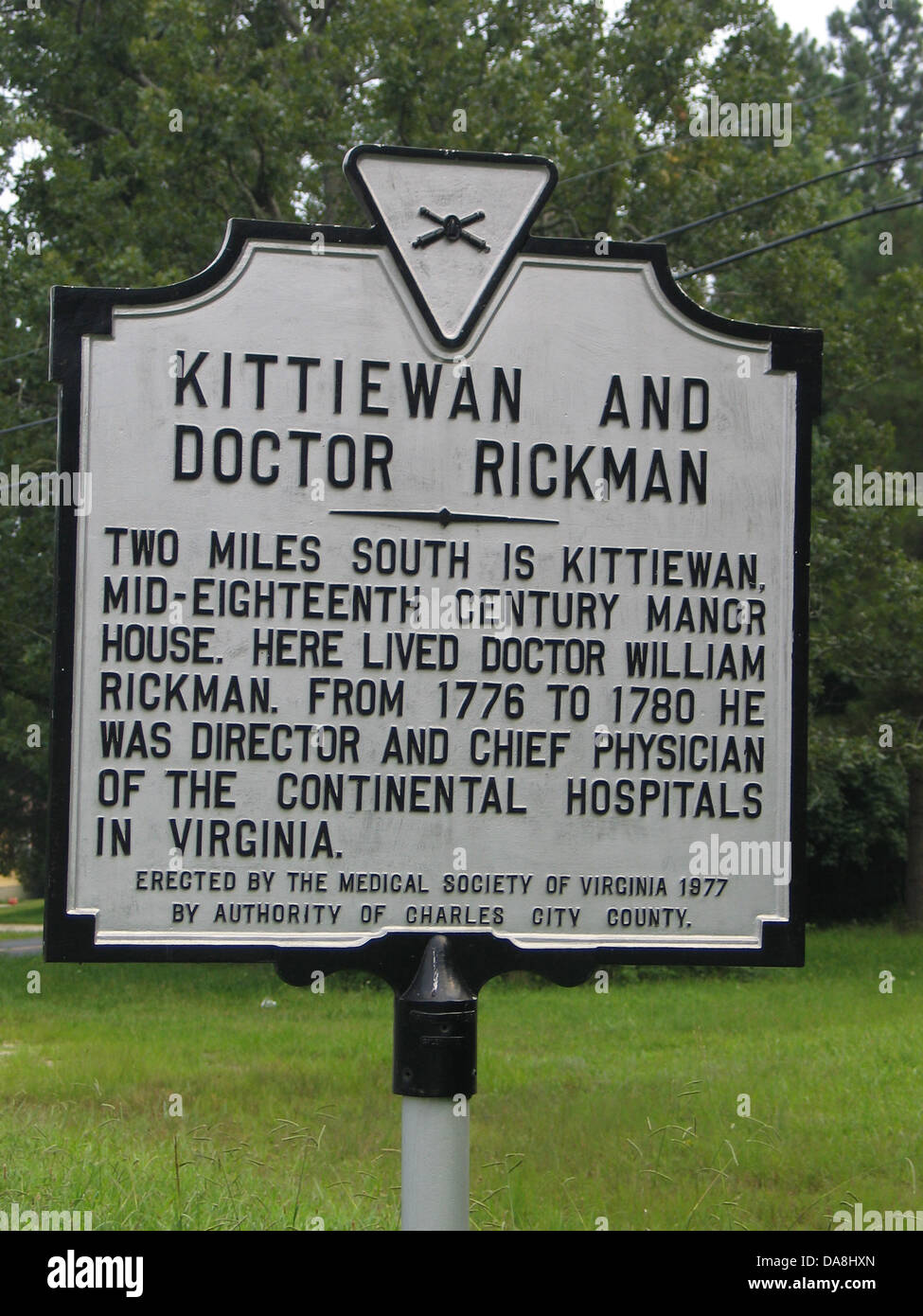 KITTIEWAN AND DOCTOR RICKMAN Two miles south is Kittiewan, mid-eighteenth century manor house. Here lived Doctor William Rickman. From 1776 to 1780 he was director and chief physician of the continental hospitals in Virginia. Erected by the Medical Society of Virginia, 1977 by authority of Charles City County. Stock Photo