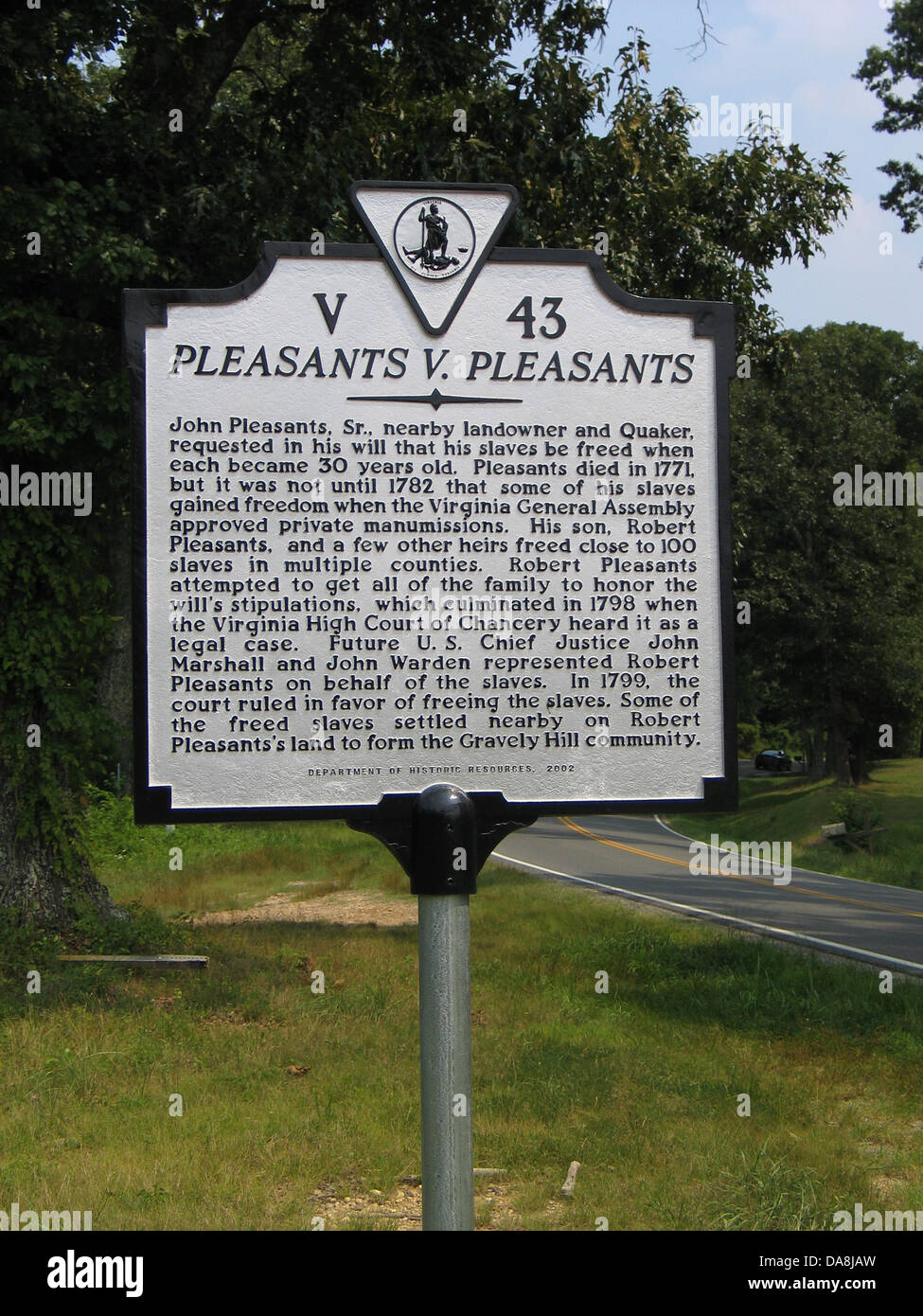 PLEASANTS V. PLEASANTS  John Pleasants, Sr., nearby landowner and Quaker, requested in his will that his slaves be freed when ea Stock Photo