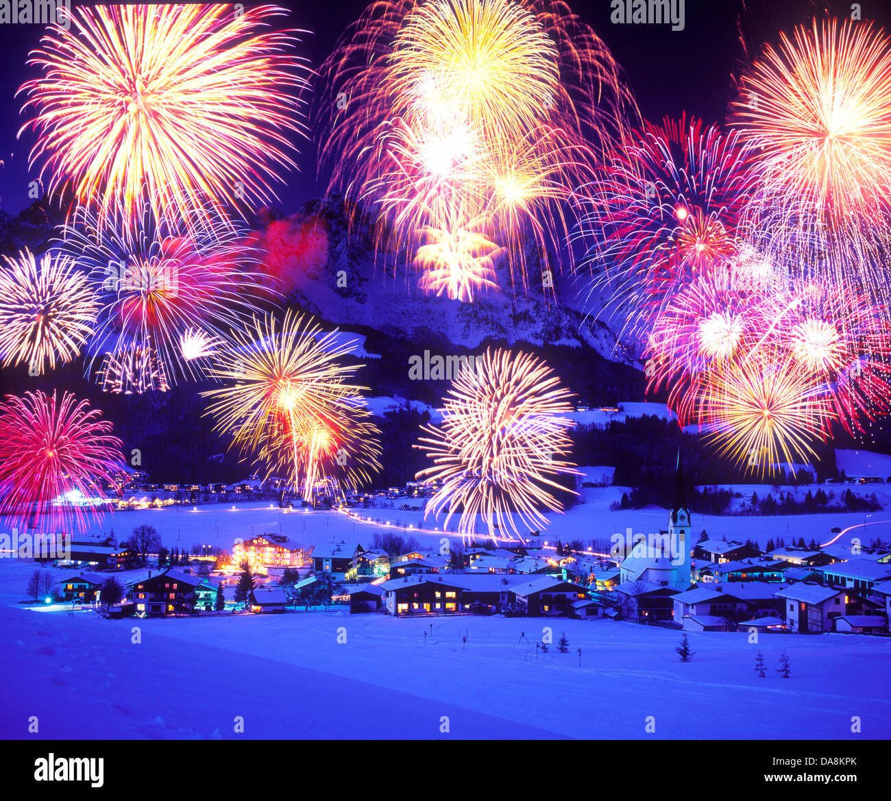 Austria, Europe, Tyrol, Ellmau, Winter, New Year's Eve, Fireworks ...