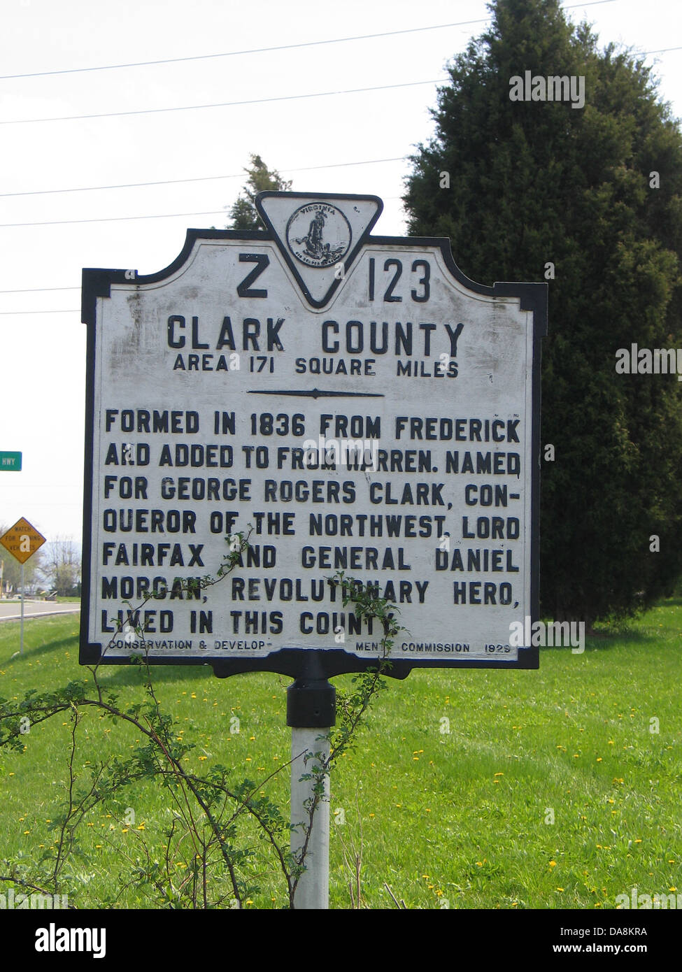 CLARKE COUNTY Area 171 Square Miles Formed in 1836 from Frederick and added to from Warren. Name for George Rogers Clark, Conqueror of the Northwest. Lord Fairfax and General Daniel Morgan, Revolutionary hero, lived in this county. Conservation & Development Commission, 1929. Stock Photo