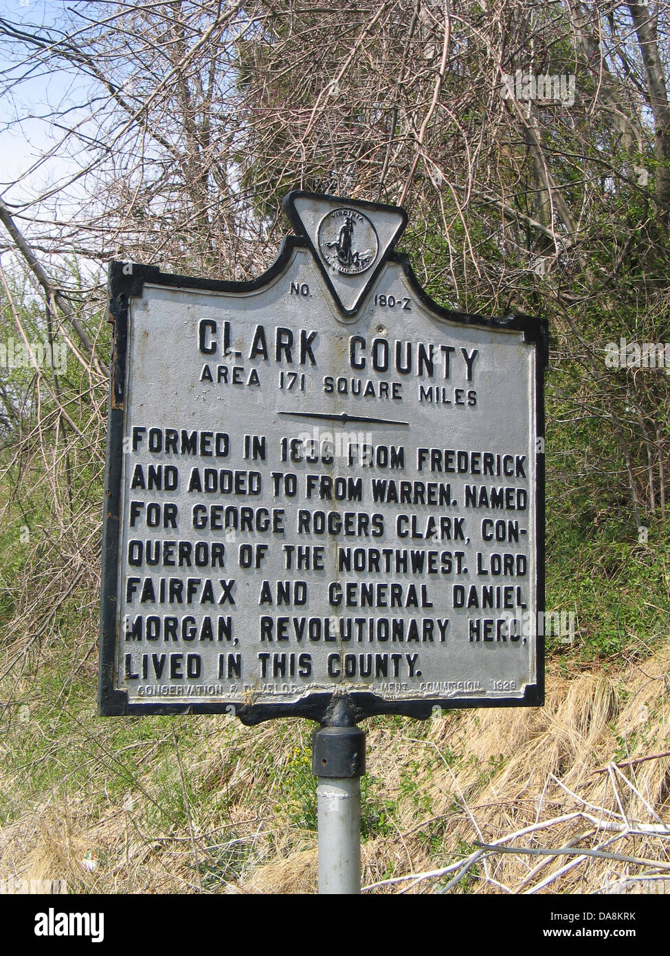 CLARKE COUNTY Area 171 Square Miles Formed in 1836 from Frederick and added to from Warren. Named for George Rogers Clark, Conqueror of the Northwest. Lord Fairfax and General Daniel Morgan, Revolutionary Hero, lived in this county. Conservation & Development Commission, 1929. Stock Photo