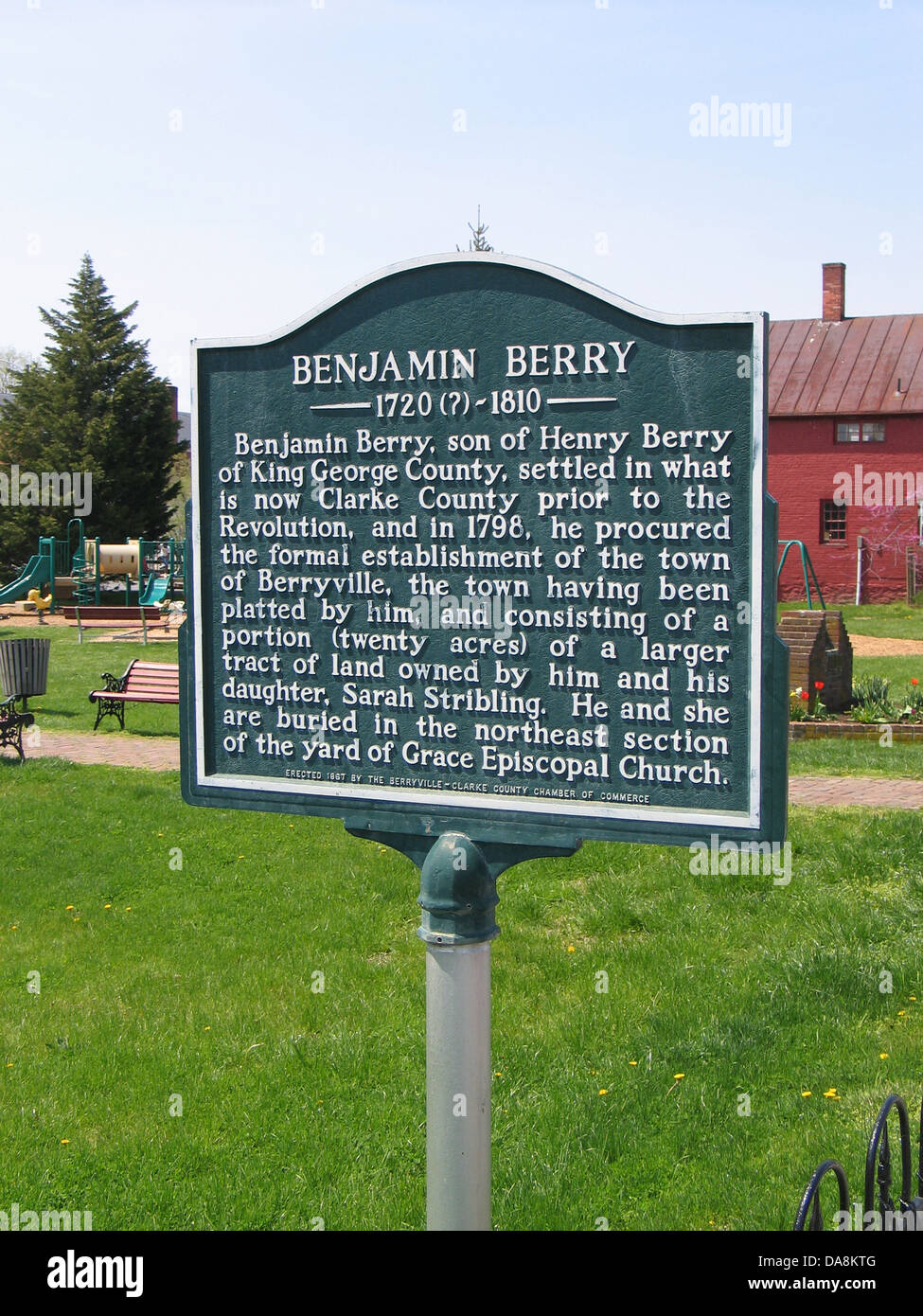 BENJAMIN BERRY Benjamin Berry, son of Henry Berry of King George County, settled what is now Clarke County prior to the Revolution, and in 1798, he procured the formal establishment of the town of Berryville, the town having been platted by him, and consisting of a portion (twenty acres) of a larger tract of land owned by him and his daughter, Sarah Stribling. He and she are buried in the northeast section of the yard of Grace Episcopal Church. Erected 1967 by the Berryville-Clarke County Chamber of Commerce Stock Photo