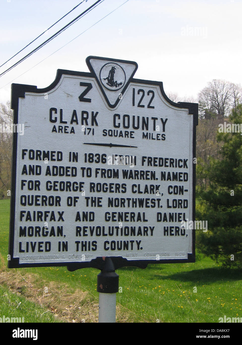 CLARKE COUNTY Area 171 Square Miles Formed in 1836 from Frederick and added to from Warren. Name for George Rogers Clark, Conqueror of the Northwest. Lord Fairfax and General Daniel Morgan, Revolutionary hero, lived in this county. Conservation & Development Commission, 1929. Stock Photo