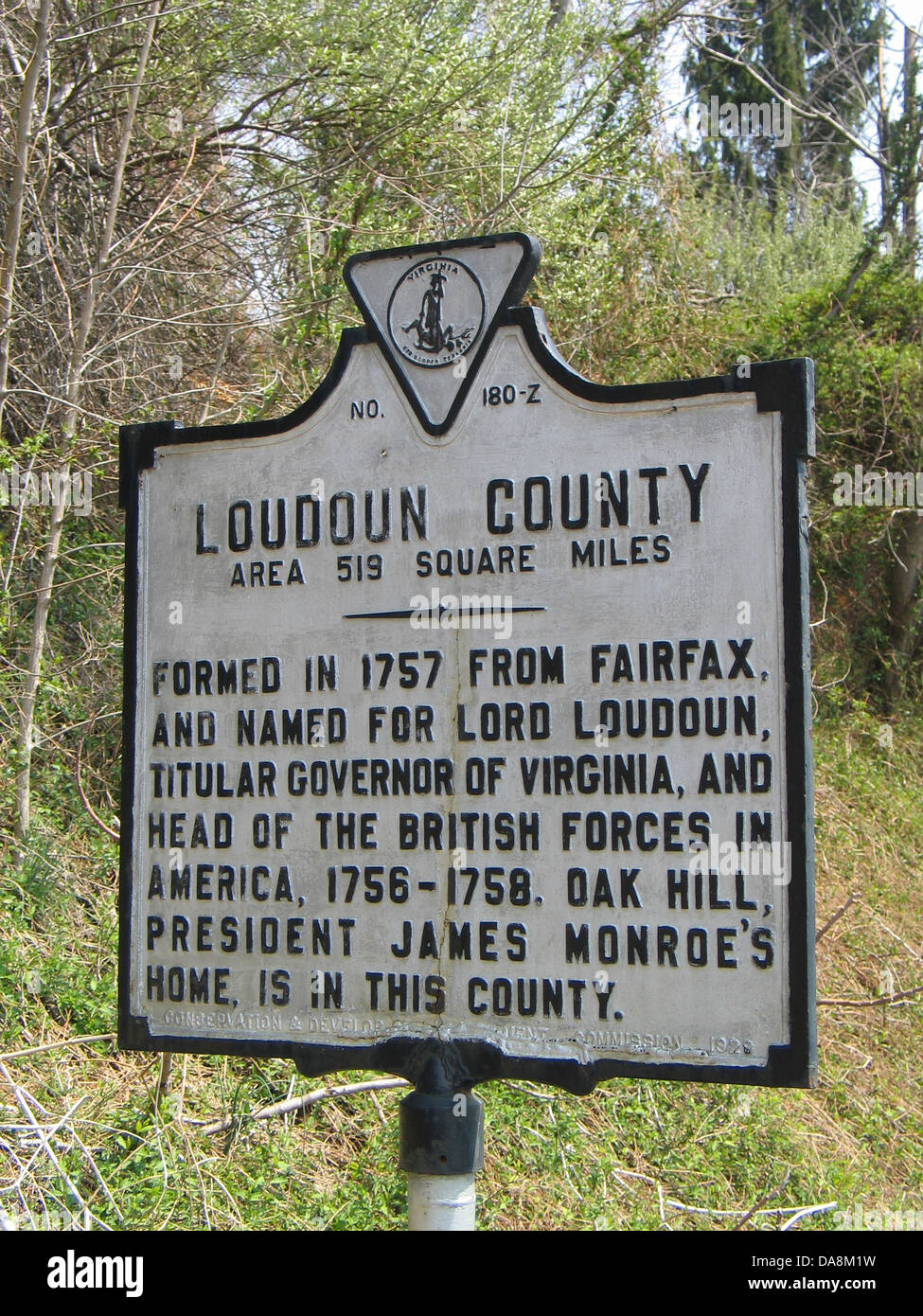 LOUDOUN COUNTY Area 519 Square Miles Formed in 1757 from Fairfax, and named for Lord Loudoun, titular Governor of Virginia, and head of the British forces in America, 1756-1758. Oak Hill, President James Monroe's home is in this county. Conservation & Development Commission, 1929. Stock Photo
