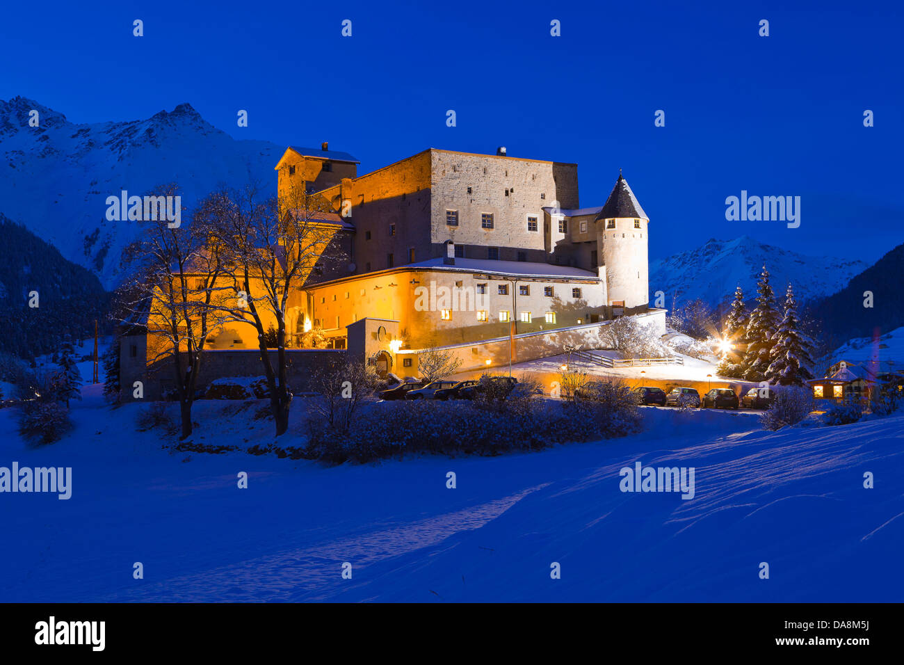 Austria, Europe, Tyrol, Oberinntal, Nauders, Reschenpass castle, Mountain Nauders, Naudersberg, Evening, Dusk, Twilight, Winter, Stock Photo