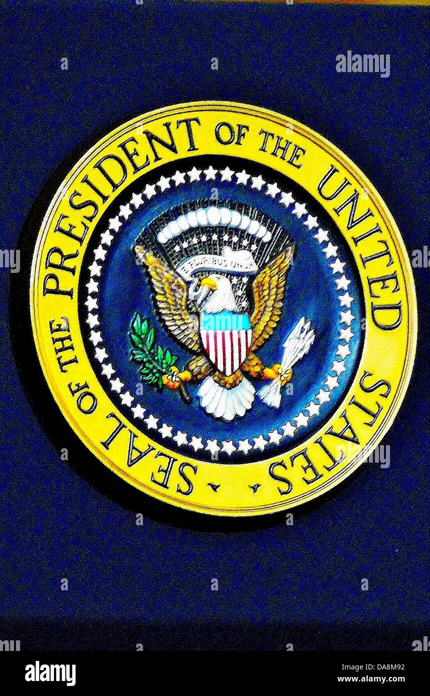 May 9, 2013 - Austin, Texas, U.S. - United States Presidential Seal on podium before a speech by Barack Obama at applied materials in Austin,Texas on 05/09/2013.File photos.(Credit Image: © Jeff Newman/Globe Photos/ZUMAPRESS.com) Stock Photo