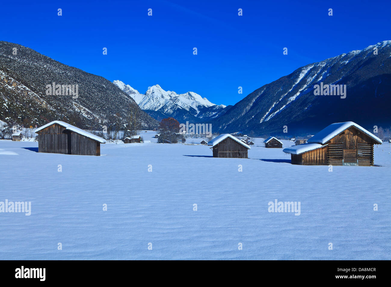 Austria, Europe, Tyrol, Gurgltal, Tarrenz, winter, Stadel, hay barn, snow, mountains, Mieminger chain, sky, blue, travel, travel Stock Photo