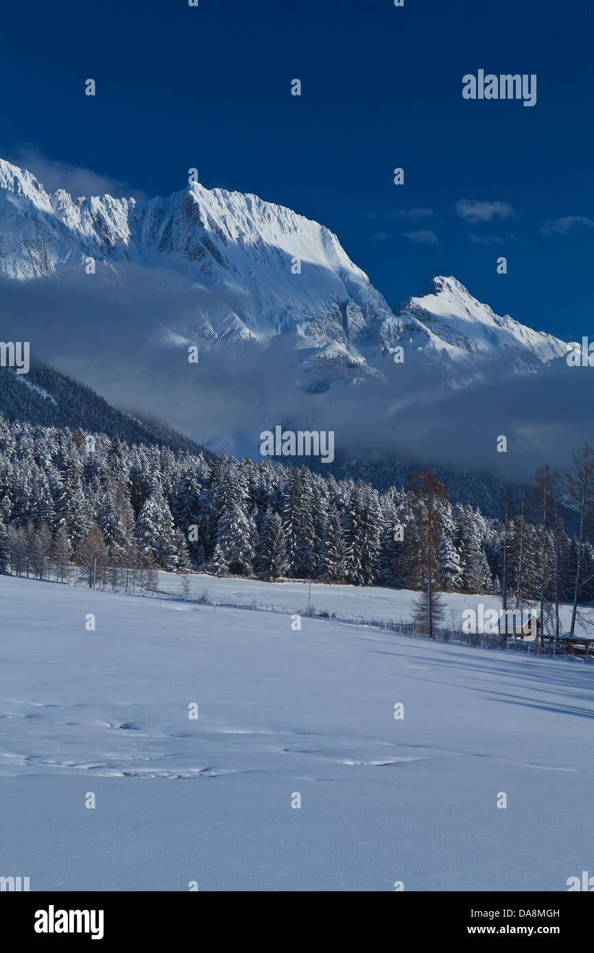 Austria, Europe, Tyrol, Mieminger plateau, Obsteig, winter, snow, fresh snowfall, wood, forest, mountains, Hochplattig, Mieminge Stock Photo