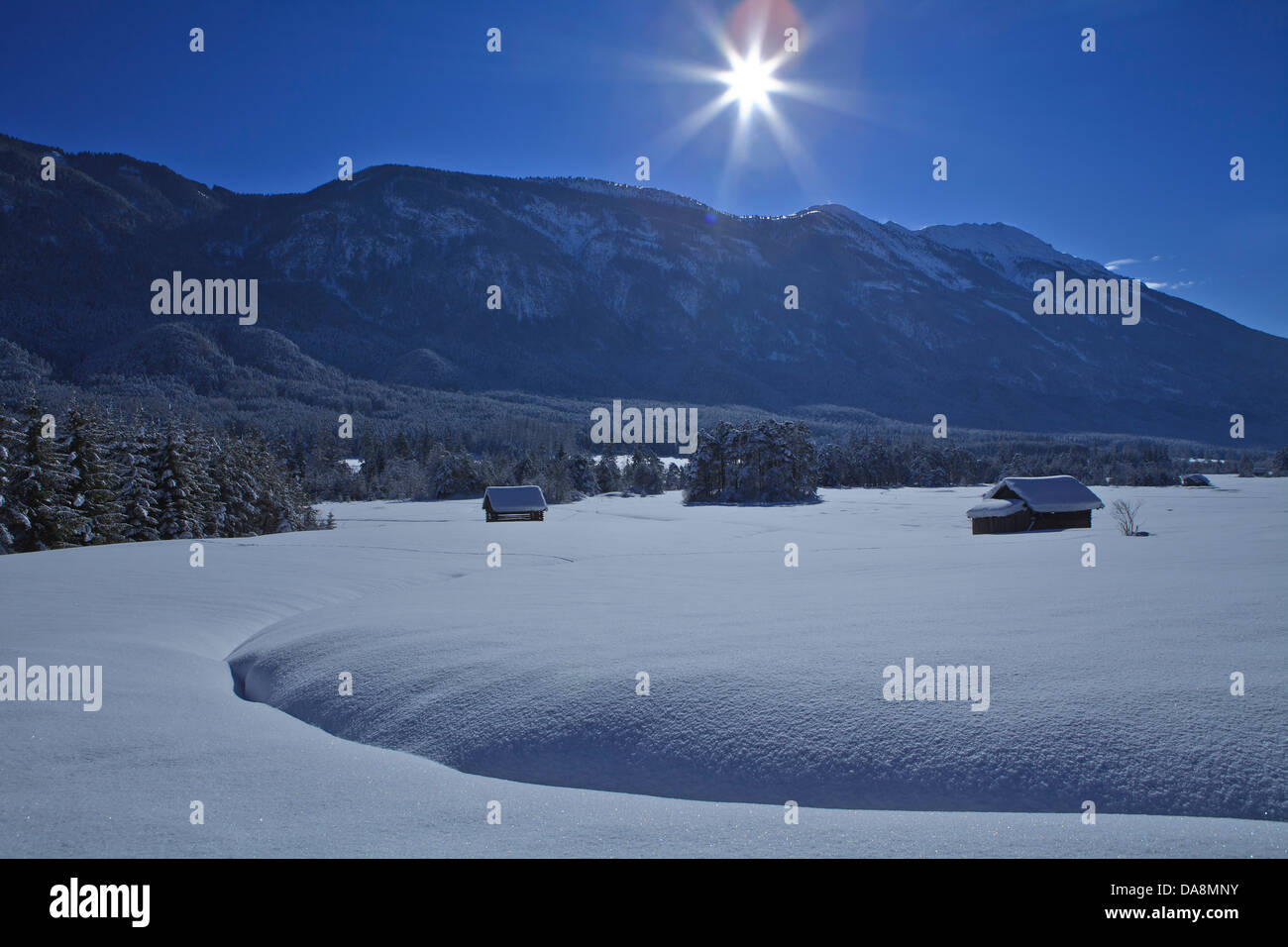 Austria, Europe, Tyrol, Gurgltal, Nassereith, Tarrenz, winter, snow, Stadel, winter scenery, sky, blue, white, mountain, Tschirg Stock Photo