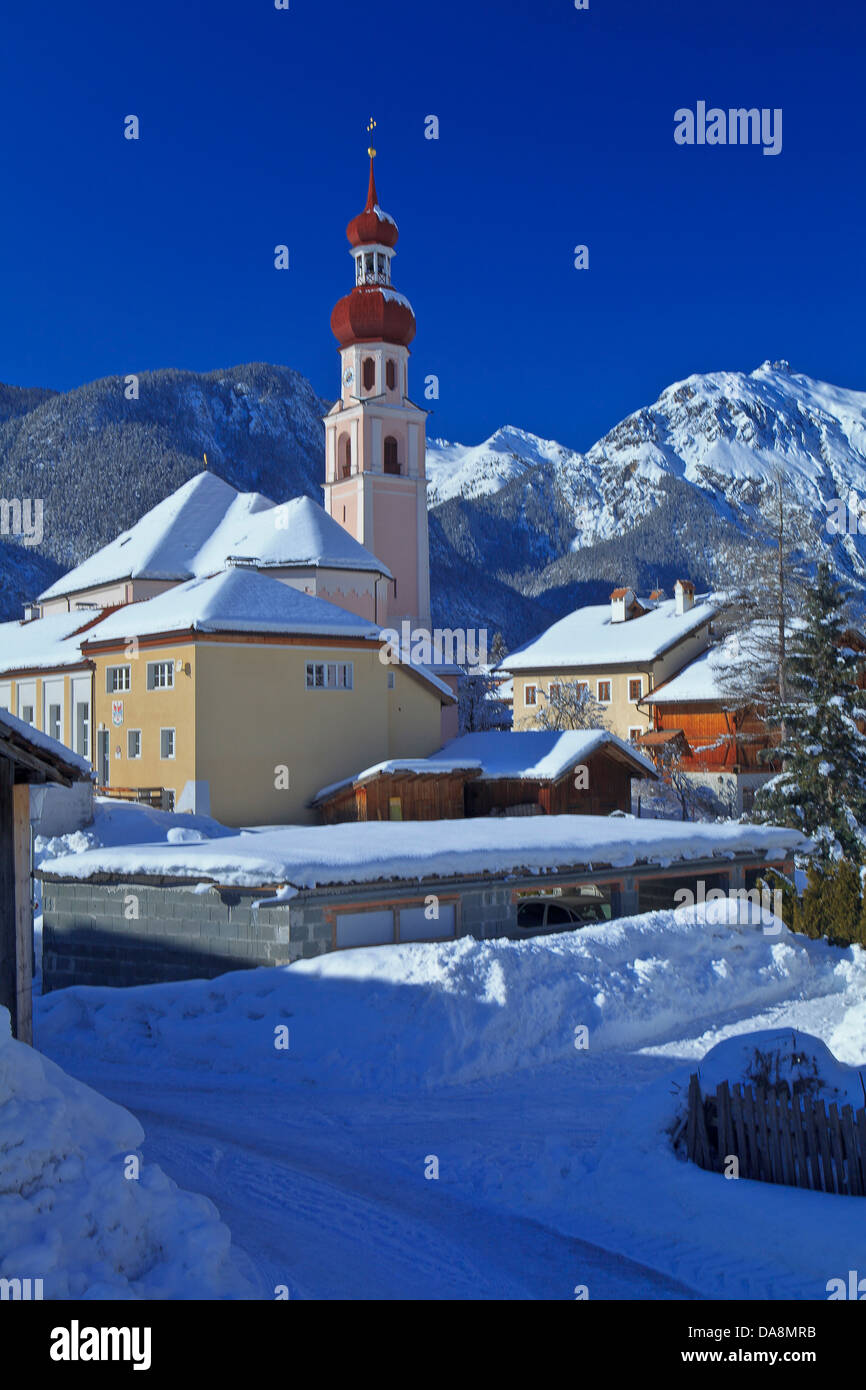 Austria, Europe, Tyrol, Gurgltal, Nassereith, winter, traveling, vacation, sky, mountains, Lechtal, Lech valley, Alps, church, h Stock Photo