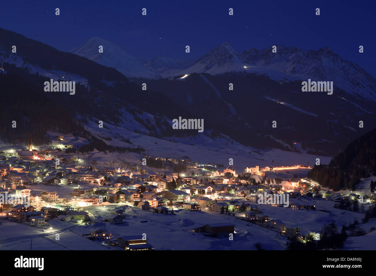 Austria, Europe, Tyrol, uplands, Oberes Gericht, Nauders, Reschenpass winter, snow, evening, winter evening, lights, stars, star Stock Photo