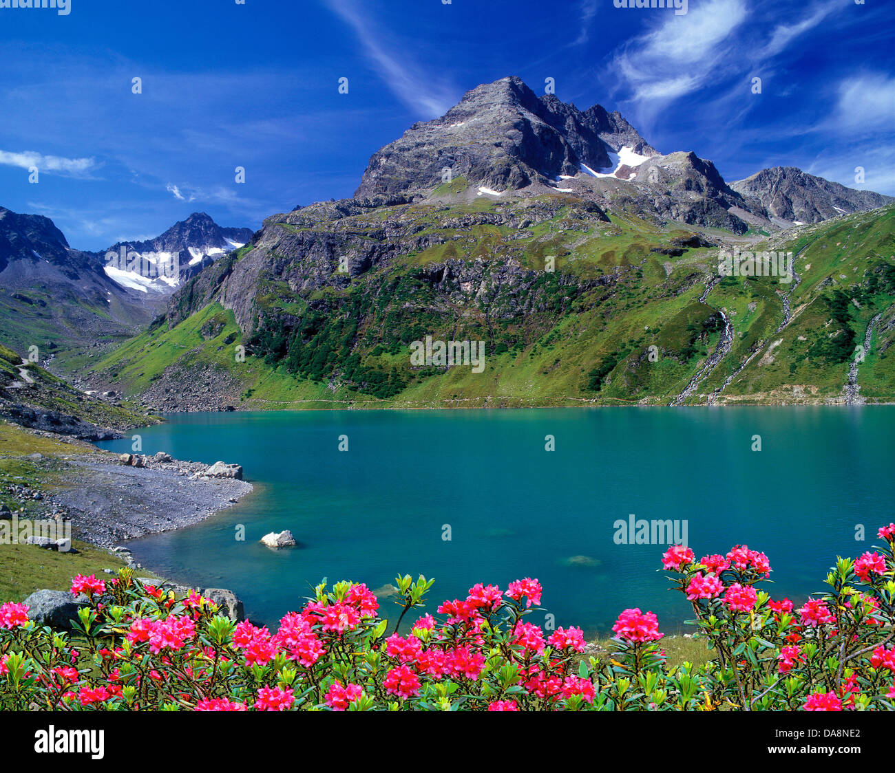 Austria, Europe, Tyrol, St. Anton am Arlberg, cartel lake, Küchelspitze, Faselfadspitzen, mountain lake, water power, water, lak Stock Photo