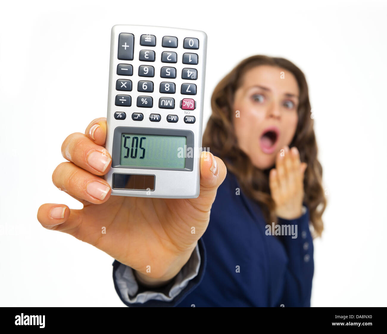 Afraid business woman showing calculator with sos inscription Stock Photo