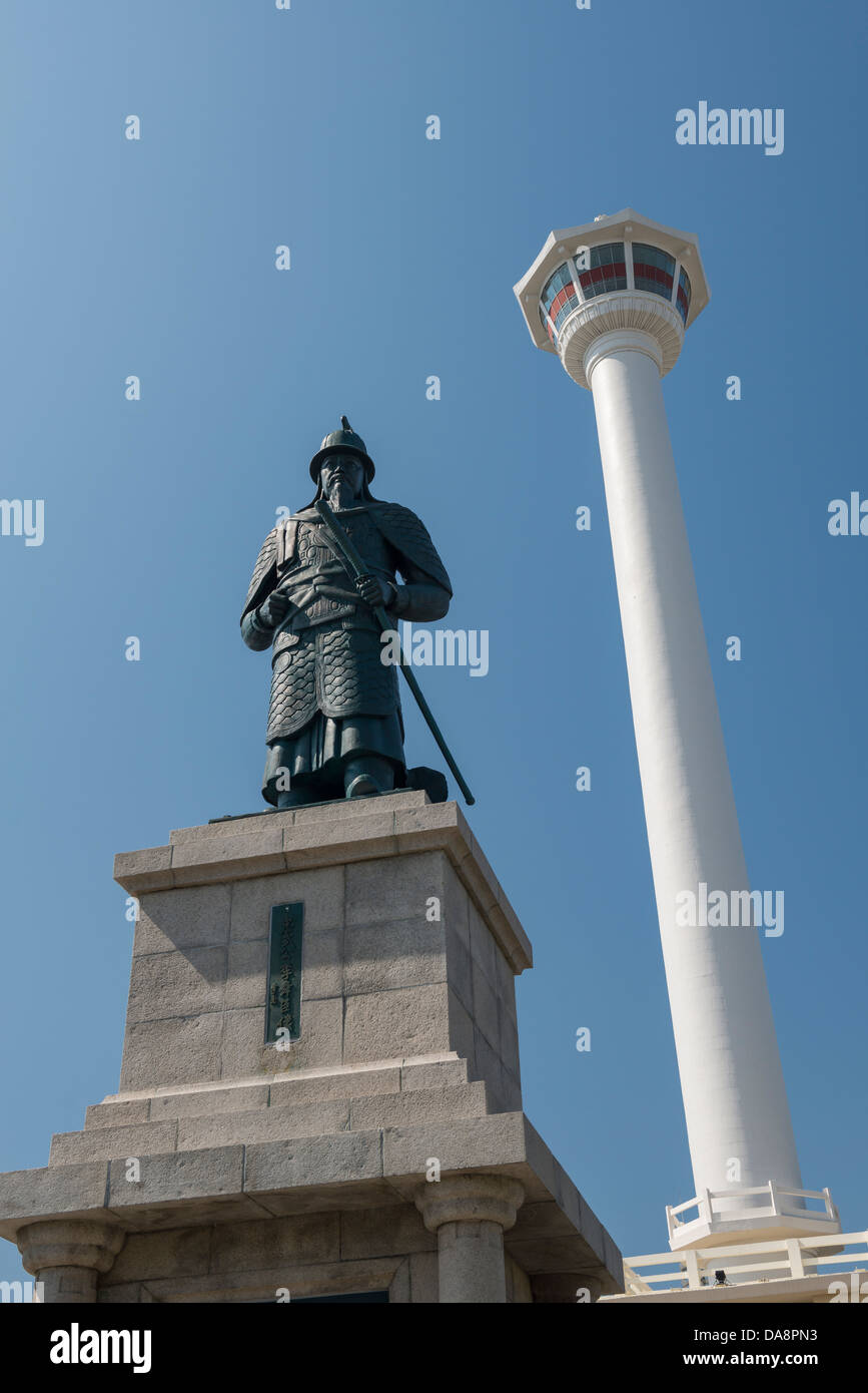 Busan Tower and Statue Admiral Yi Sunshin in Yongdusan Park, South Korea Stock Photo Alamy