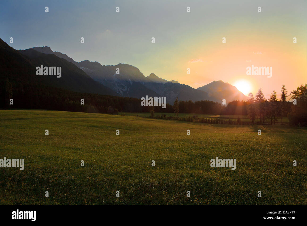 Austria, Europe, Tyrol, Mieminger plateau, Obsteig, morning, mood, sun, sunrise, summer, mountains, Mieminger chain, Hohe Munde, Stock Photo