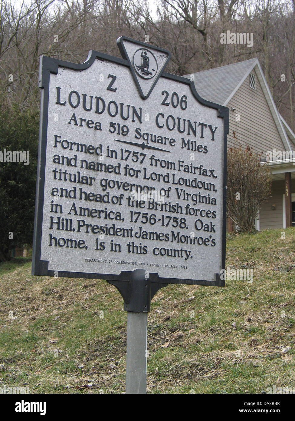 LOUDOUN COUNTY Area 519 Square Miles Formed in 1757 from Fairfax, and named for Lord Loudoun, titular governor of Virginia and head of the British forces in America, 1756-1758. Oak Hill, President James Monroe's home, is in this county. Department of Conservation and Historic Resources, 1986 Stock Photo