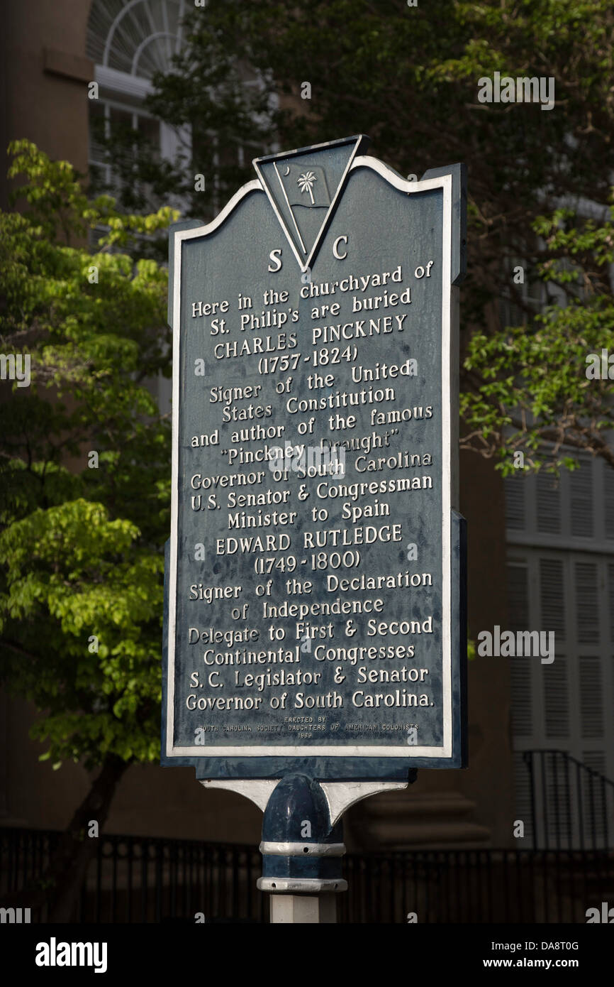 Historical Marker, St. Philip's Episcopal Church Cemetery, Charleston, SC, USA Stock Photo