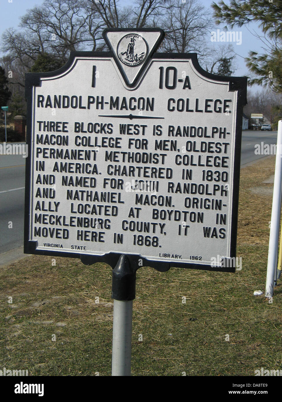 RANDOLPH-MACON COLLEGE Three blocks west is Randolph-Macon College for men, oldest permanent Methodist college in America. Chartered in 1830 and named for John Randolph and Nathaniel Macon. Originally located at Boydton in Mecklenburg County, it was move here in 1868. Virginia State Library, 1962 Stock Photo