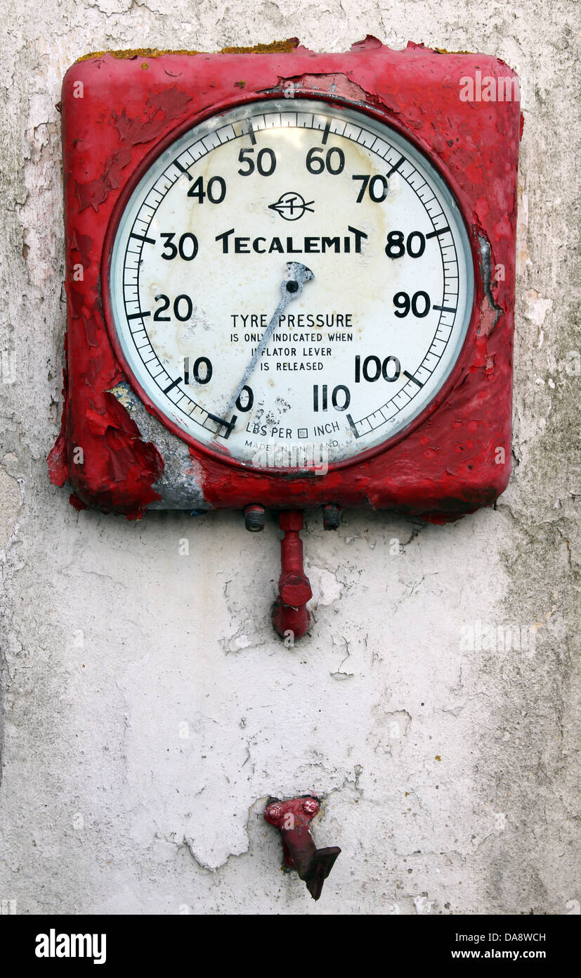 Tecalemit tyre pressure gauge at disused airfield petrol station in Metfield Suffolk England UK Stock Photo