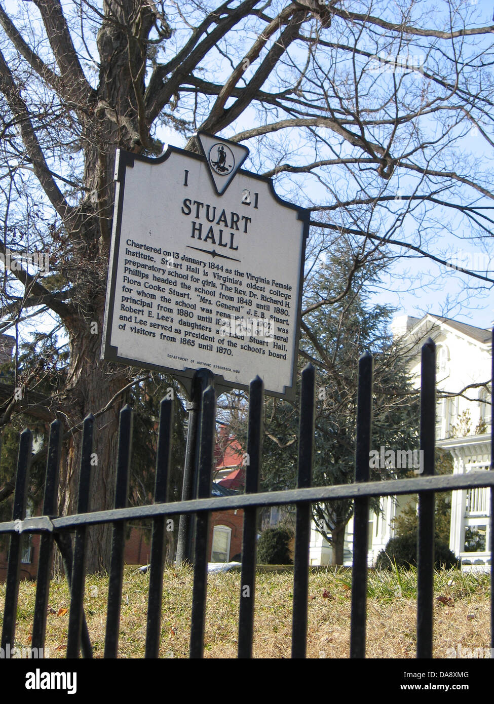 STUART HALL Chartered on 13 January 1844 as the Virginia Female Institute, Stuart Hall is Virginia's oldest college preparatory school for girls. The Rev. Dr. Richard H. Phillips headed the school from 1848 until 1880. Flora Cooke Stuart, 'Mrs. General' J.E.B. Stuart, for whom the school was renamed in 1907, was principal from 1880 until 1899. Two of General Robert E. Lee's daughters attended Stuart Hall, and Lee served as president of the school's board of visitors from 1865 until 1870. Department of Historic Resources, 1993 Stock Photo
