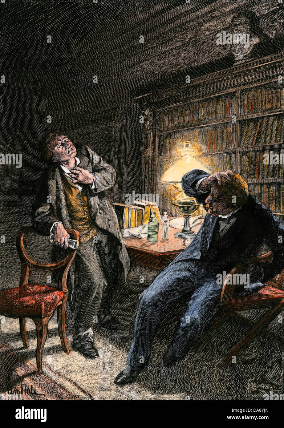 Transformation of Dr Jekyll into Mr Hyde, a scene from Stevenson's novel. Hand-colored woodcut Stock Photo