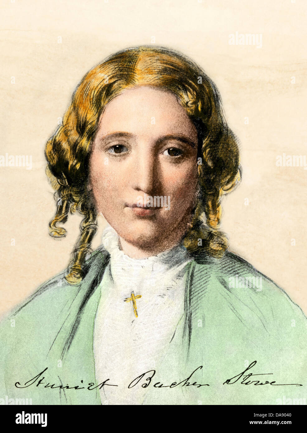 Harriet Beecher Stowe in 1853, with her signature. Hand-colored woodcut Stock Photo
