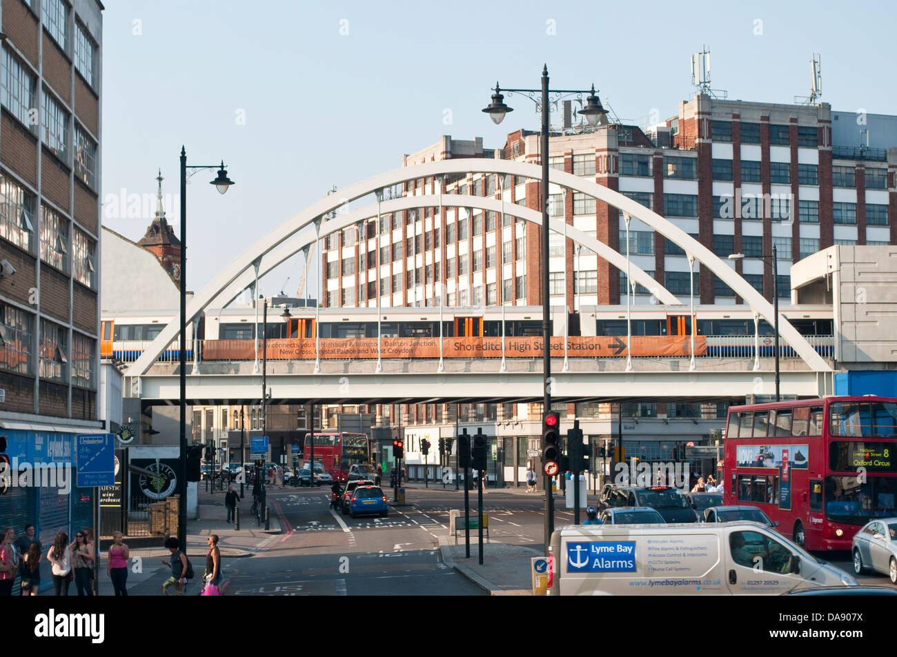 Shoreditch High Street with railway bridge, East London, Uk Stock Photo