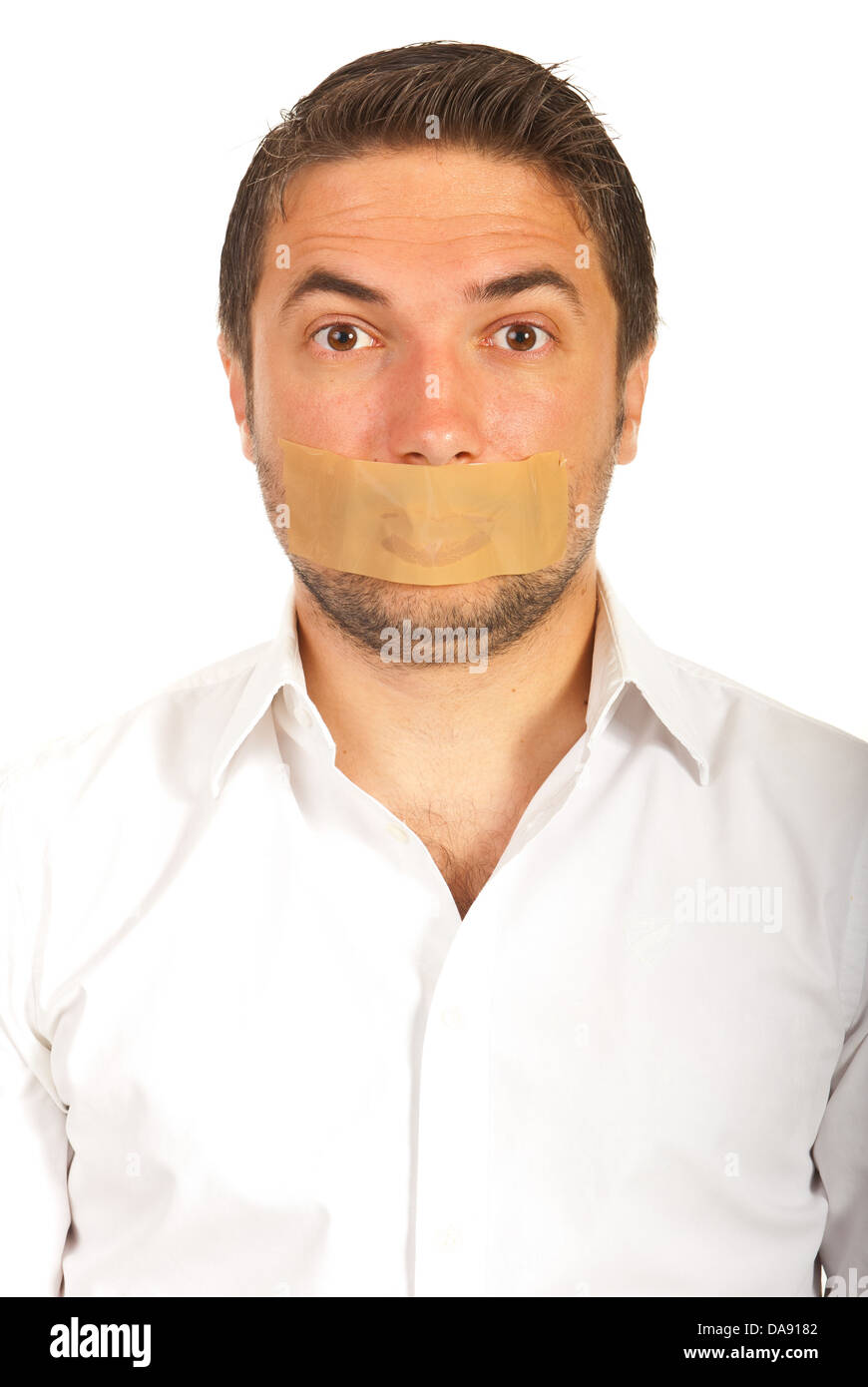 Portrait of man with duct tape over mouth isolated on white background Stock Photo