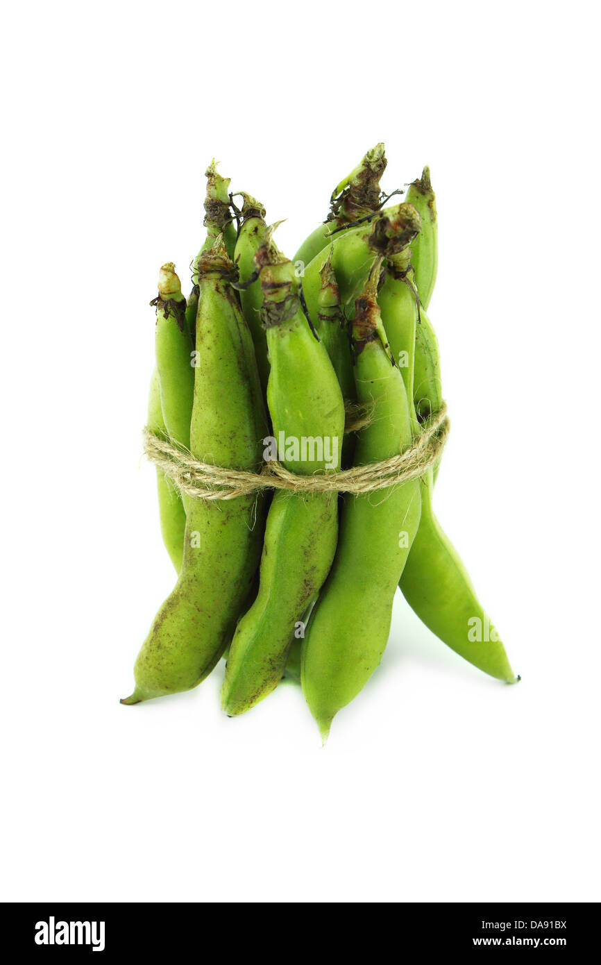 broad bean pods and beans on white background . with a clipping path Stock Photo