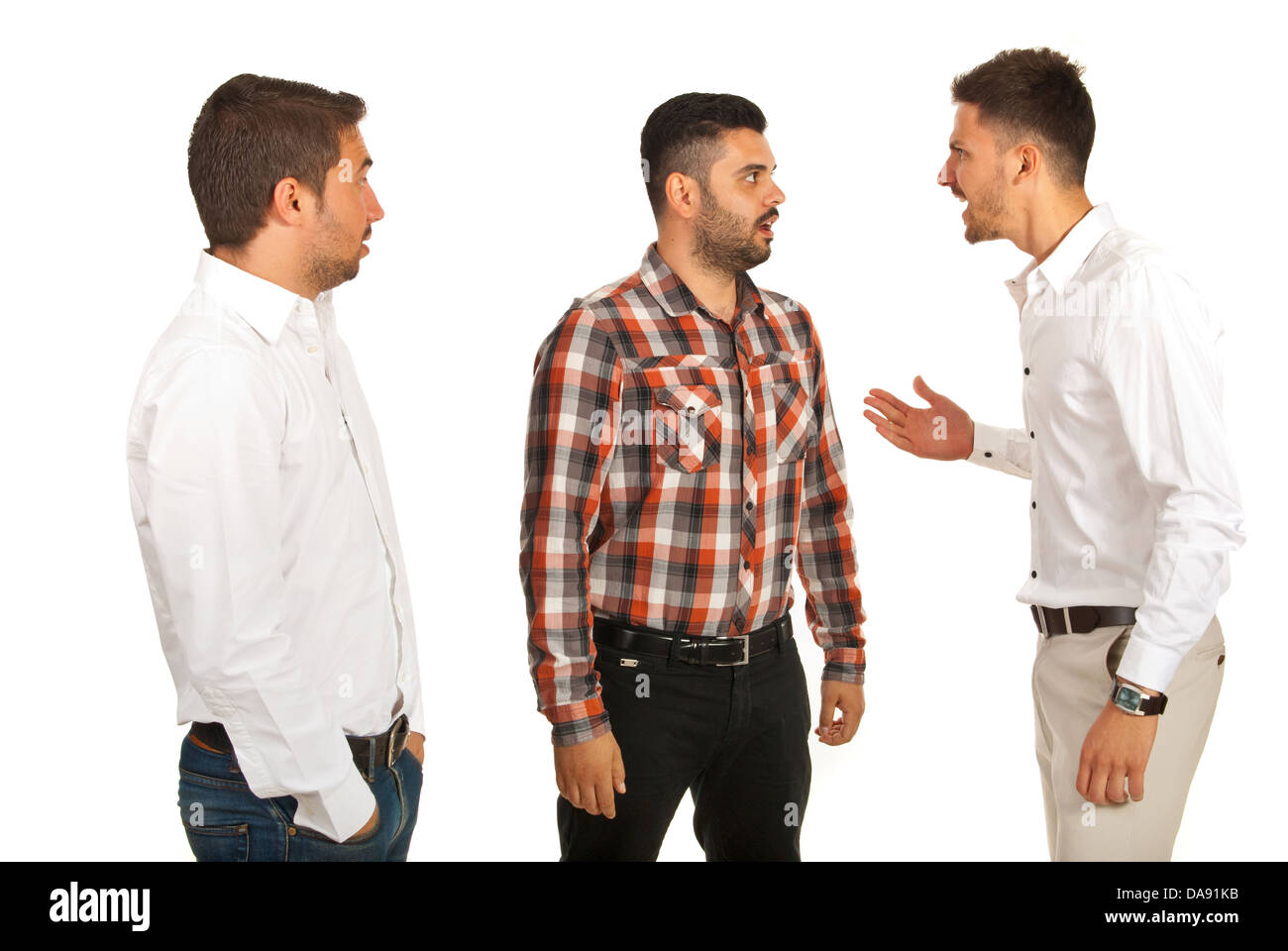 Business man yelling at his colleague and other man being surprised isolated on white background Stock Photo