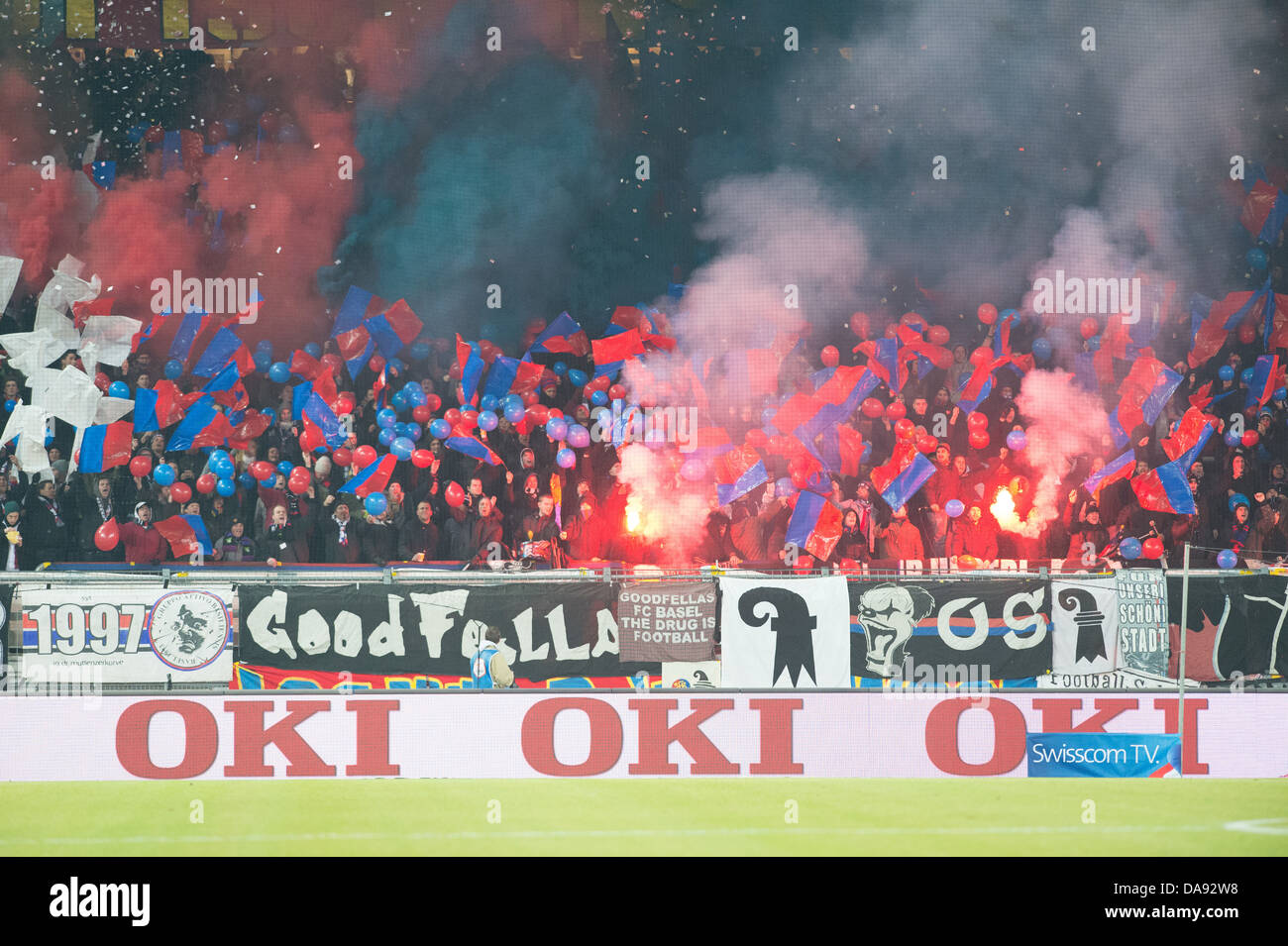 Switzerland, football, soccer, Basel, Basel FC, fans, touchline  advertising, advertisement, Pyro, flags, banners, fire, spectato Stock  Photo - Alamy