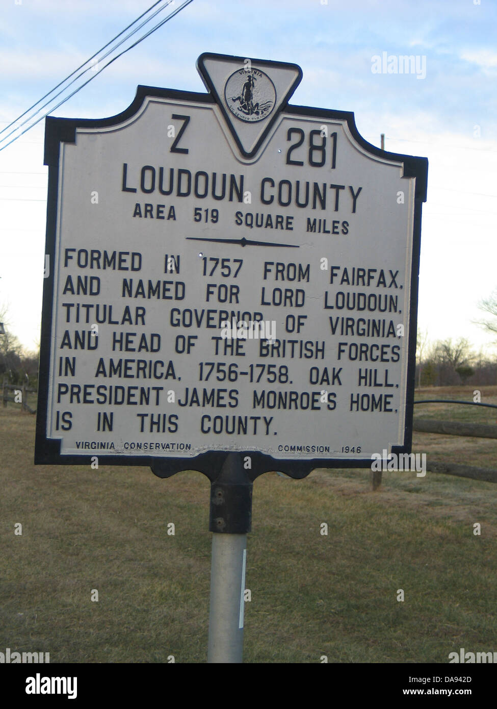 LOUDOUN COUNTY Area 519 Square Miles Formed in 1757 from Fairfax, and named for Lord Loudoun, titular governor of Virginia, and head of the British Forces in America 1756-1758. Oak Hill, President James Monroe's Home, is in this county Virginia Conservation Commission, 1946 Stock Photo