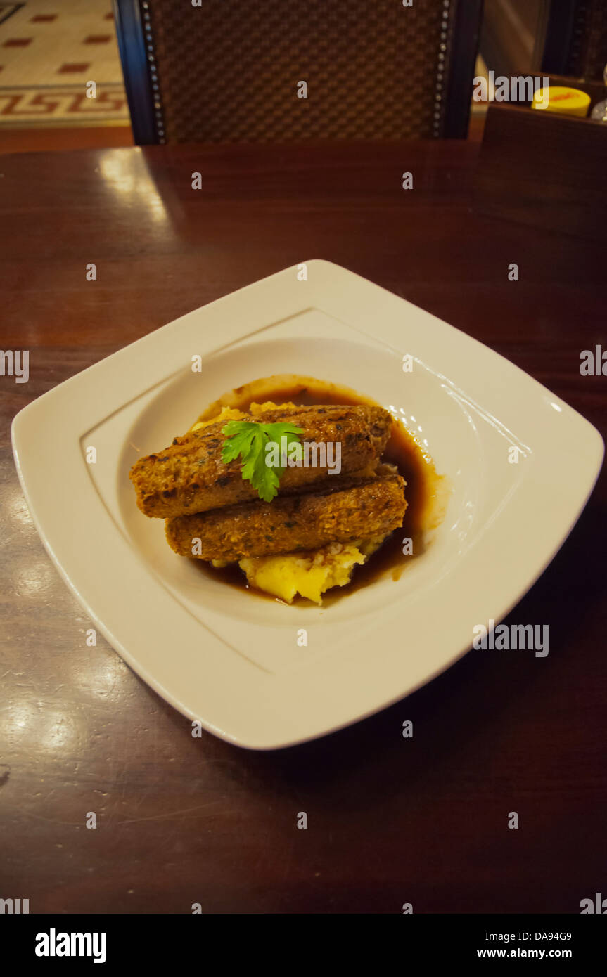 Vegetarian sausages with mashed potato The Bank a Nicholsons chain pub Manchester England Great Britain UK Europe Stock Photo