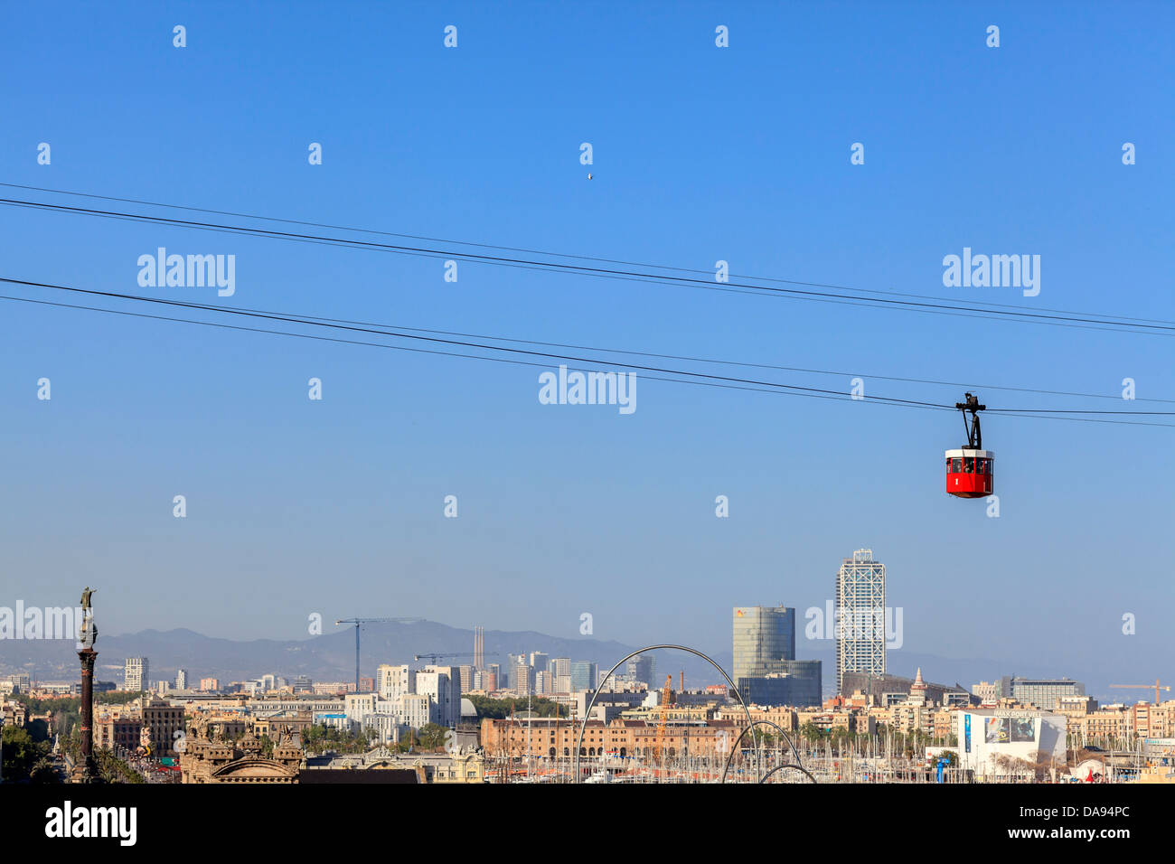 barcelona,catalonia,spain.Aerial tramway and wiew of the city. Stock Photo