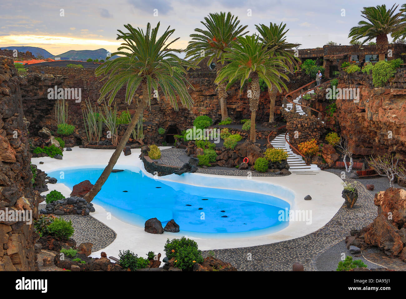 Spain, Europe, Canary Islands, Jameos del Agua, Lanzarote, blue, cactus, plants, cafe, cave, Cesar manrique, contrast, exotic, f Stock Photo