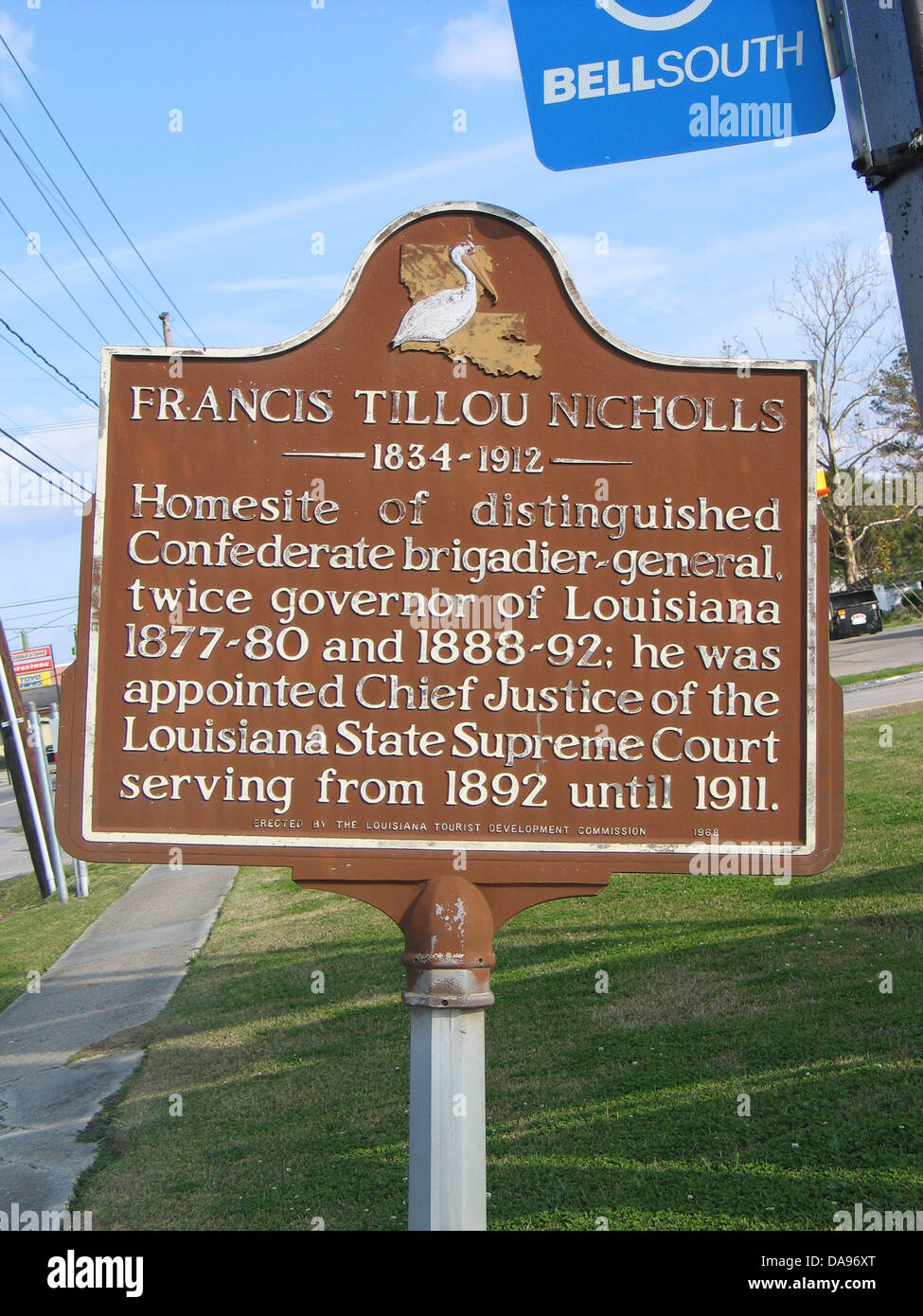 FRANCIS TILLOU NICHOLLS (1834-1912) Homesite of distinguished Confederate brigadier-general, twice governor of Louisiana 1877-80 and 1888-92; he was appointed Chief Justice of the Louisiana State Supreme Court serving from 1892 until 1911. Erected by the Louisiana Tourist Development Commission, 1968 Stock Photo