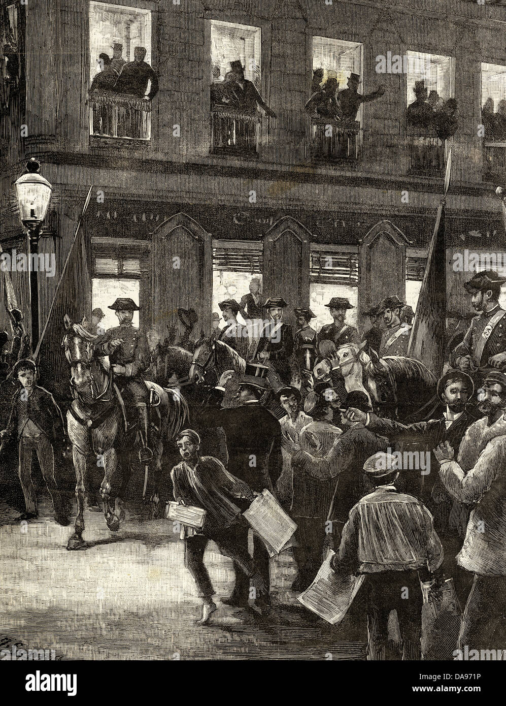 Spain. Conflict of the Caroline Islands. Patriotic protest in Seville Street, Madrid. Engraving. 1885. Stock Photo