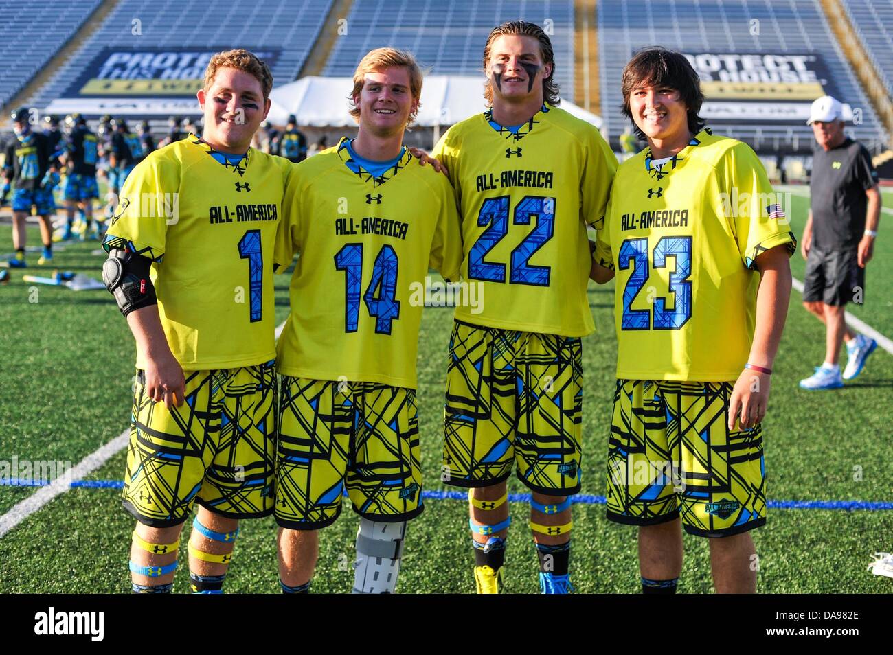 July 6, 2013 - Baltimore, MD, United States of America - July 6, 2013 Baltimore, MD.University of Maryland recruits Matt Rambo #1 Mac Pons #14 Colin Heacock #22 and Dan Morris #23 pose for a photo during the 8th Annual Under Armour All-American Lacrosse Classic at Johnny Unitas Stadium Baltimore on July 6, 2013..South defeats North 28-24. Stock Photo