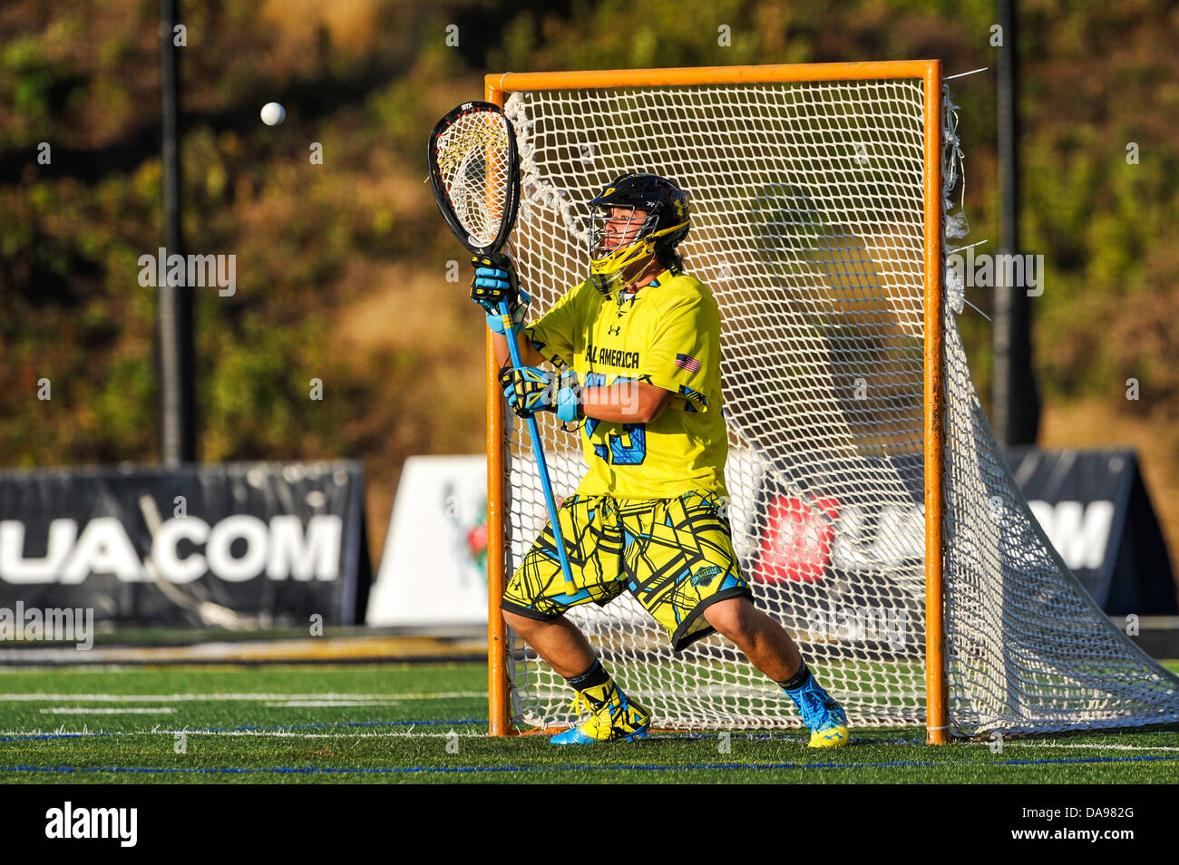 July 6, 2013 - Baltimore, MD, United States of America - July 6, 2013 Baltimore, MD.South All-Star goalie Dan Morris #23 defends a shot on goal during the 8th Annual Under Armour All-American Lacrosse Classic at Johnny Unitas Stadium Baltimore on July 6, 2013..South defeats North 28-24. Stock Photo