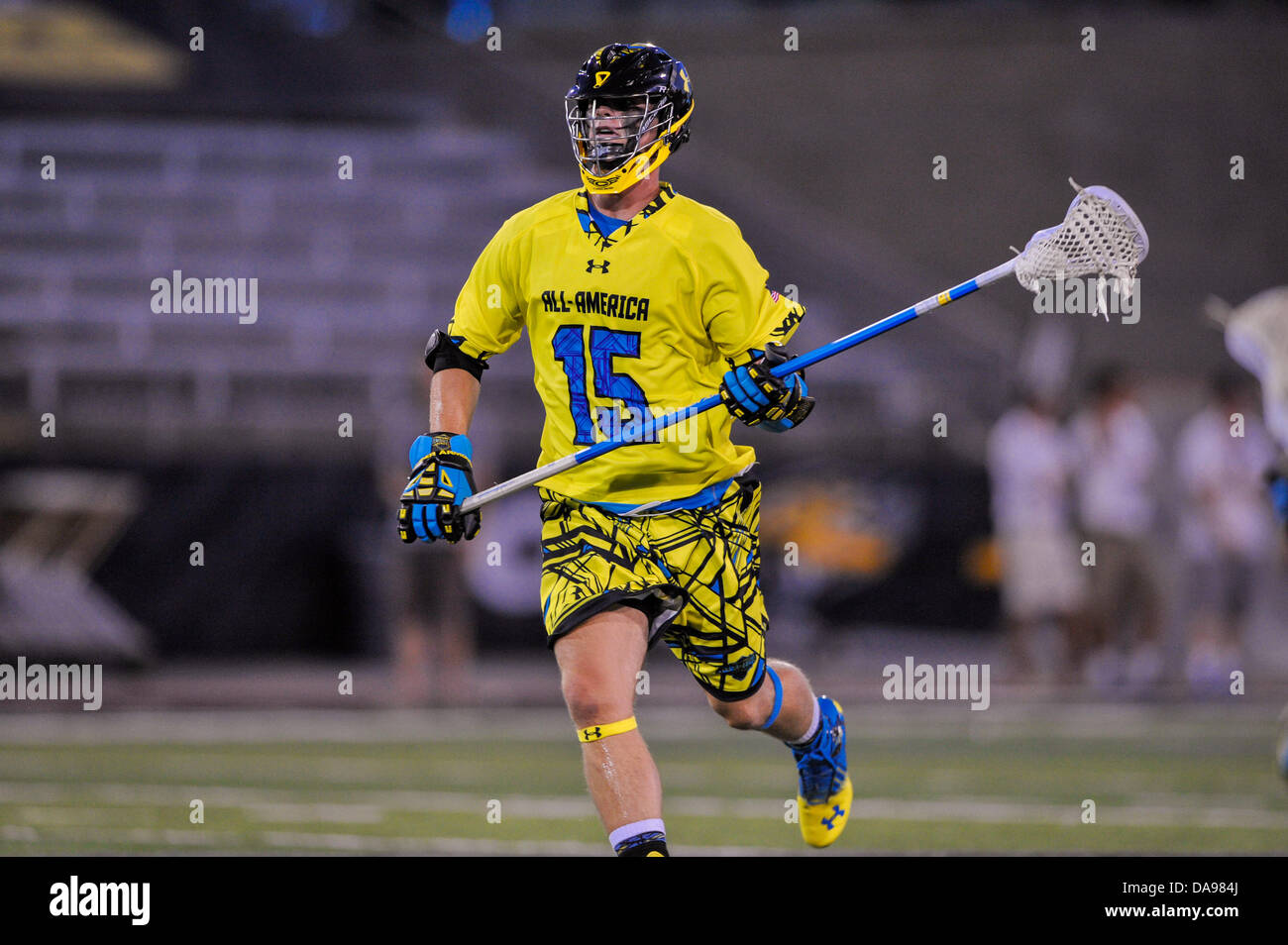 July 6, 2013 - Baltimore, MD, United States of America - July 6, 2013 Baltimore, MD.South All-Star Will Reynolds #15 drives to the goal during the 8th Annual Under Armour All-American Lacrosse Classic at Johnny Unitas Stadium Baltimore on July 6, 2013..South defeats North 28-24. Stock Photo