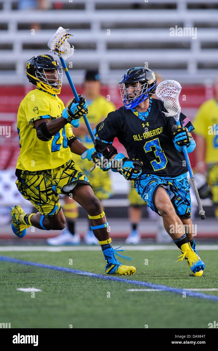 July 6, 2013 - Baltimore, MD, United States of America - July 6, 2013 Baltimore, MD.North All-Star Connor Cannizzaro #3 avoids South All-Star defender Nick Fields #21 during the 8th Annual Under Armour All-American Lacrosse Classic at Johnny Unitas Stadium Baltimore on July 6, 2013..South defeats North 28-24. Stock Photo
