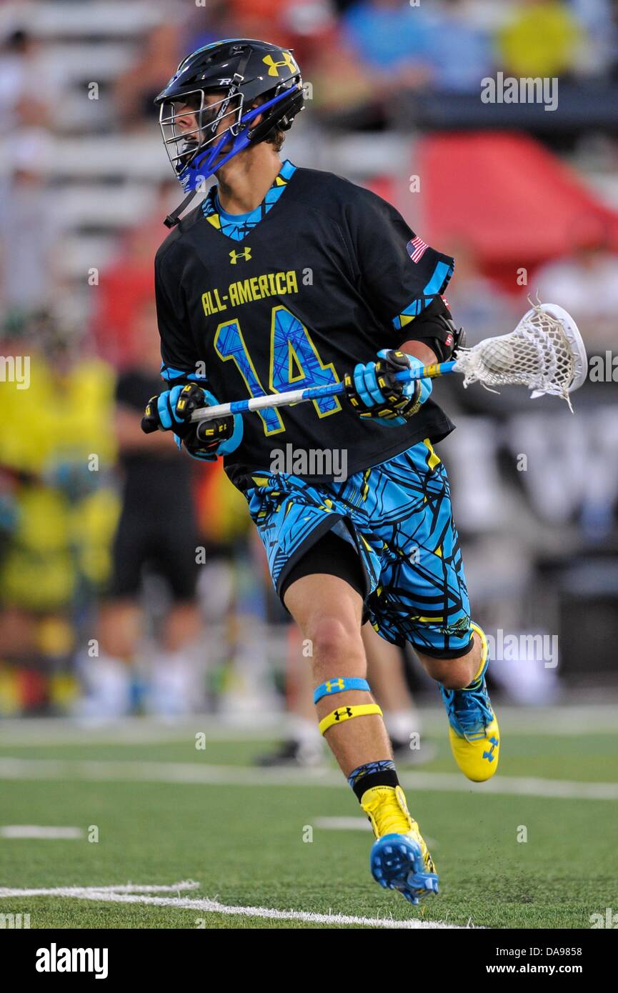 July 6, 2013 - Baltimore, MD, United States of America - July 6, 2013 Baltimore, MD.North All-Star Tommy Zenker #14 in action during the 8th Annual Under Armour All-American Lacrosse Classic at Johnny Unitas Stadium Baltimore on July 6, 2013..South defeats North 28-24. Stock Photo
